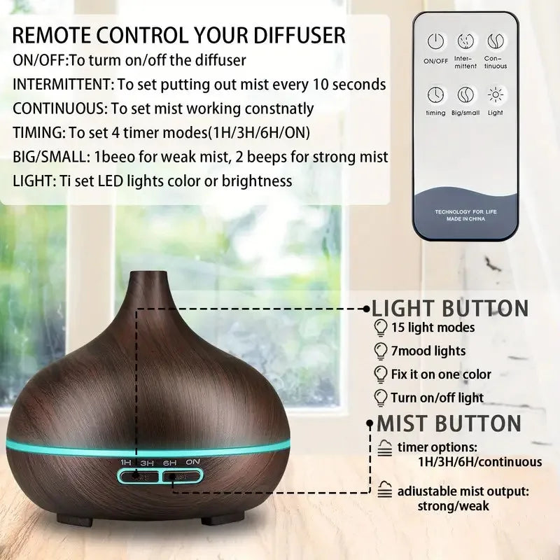 Diffuser For Home /Wood Grain Aroma Diffuser with Remote Control Timer/  6 Oil Set - 550ml Cool Mist Humidifier for Large Room