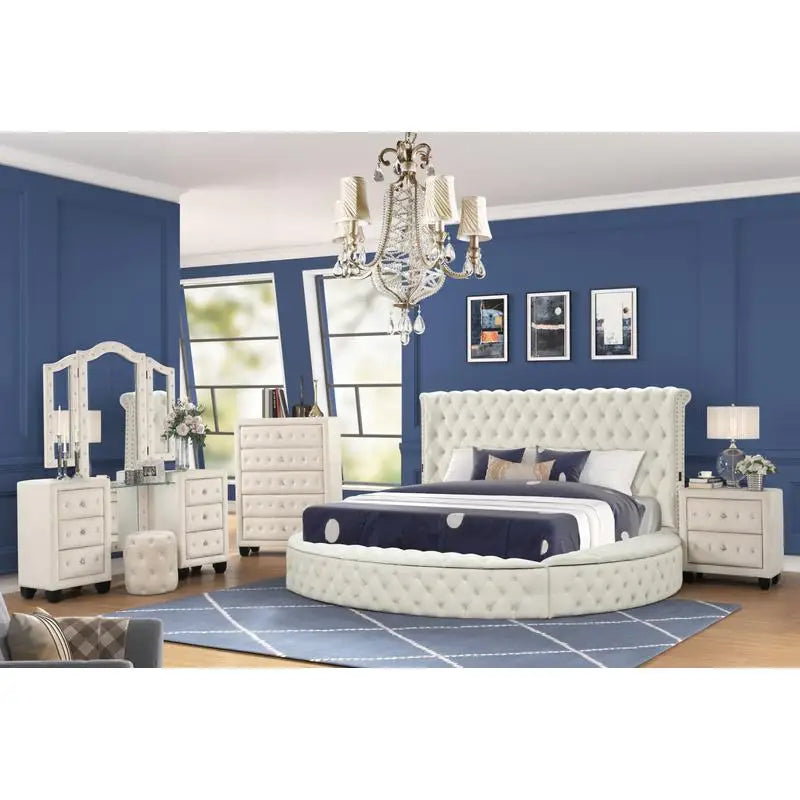 Modern Queen 5-Piece Vanity Bedroom Set with USB Ports, Cream Wood Finish