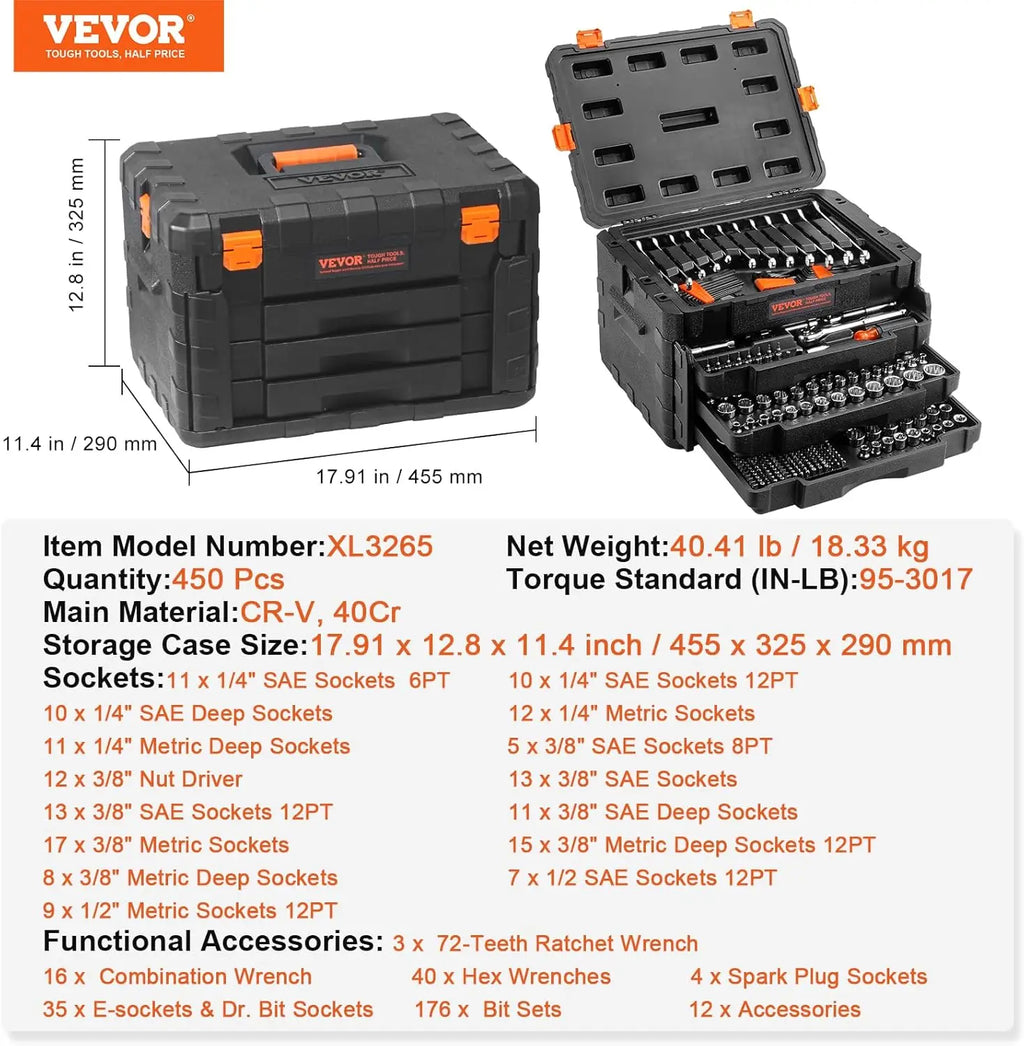 Mechanics Tool Set and Socket Set, 1/4" 3/8" 1/2" Drive Deep and Standard Sockets, 450 Pcs SAE and Metric Mechanic Top