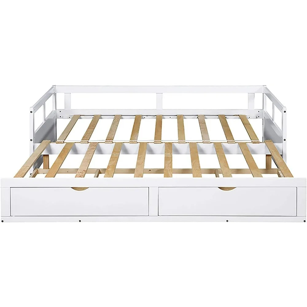 Expandable Solid Wood Daybed with Trundle and Storage Drawers, Convertible Twin to King Size Bed, Easy Assembly for Bedroom