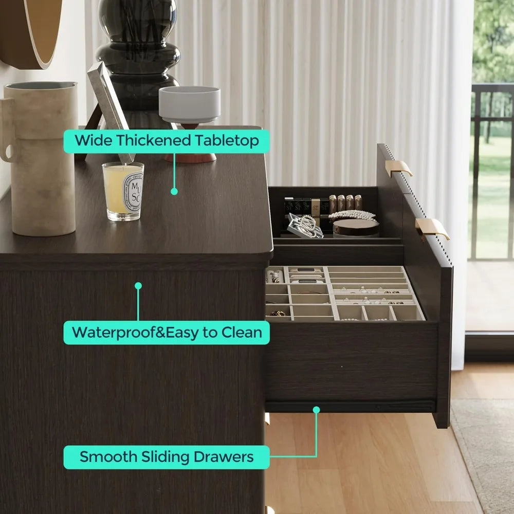 Customizable Contemporary Fluted Wood Dresser With Gold Hardware For Storage