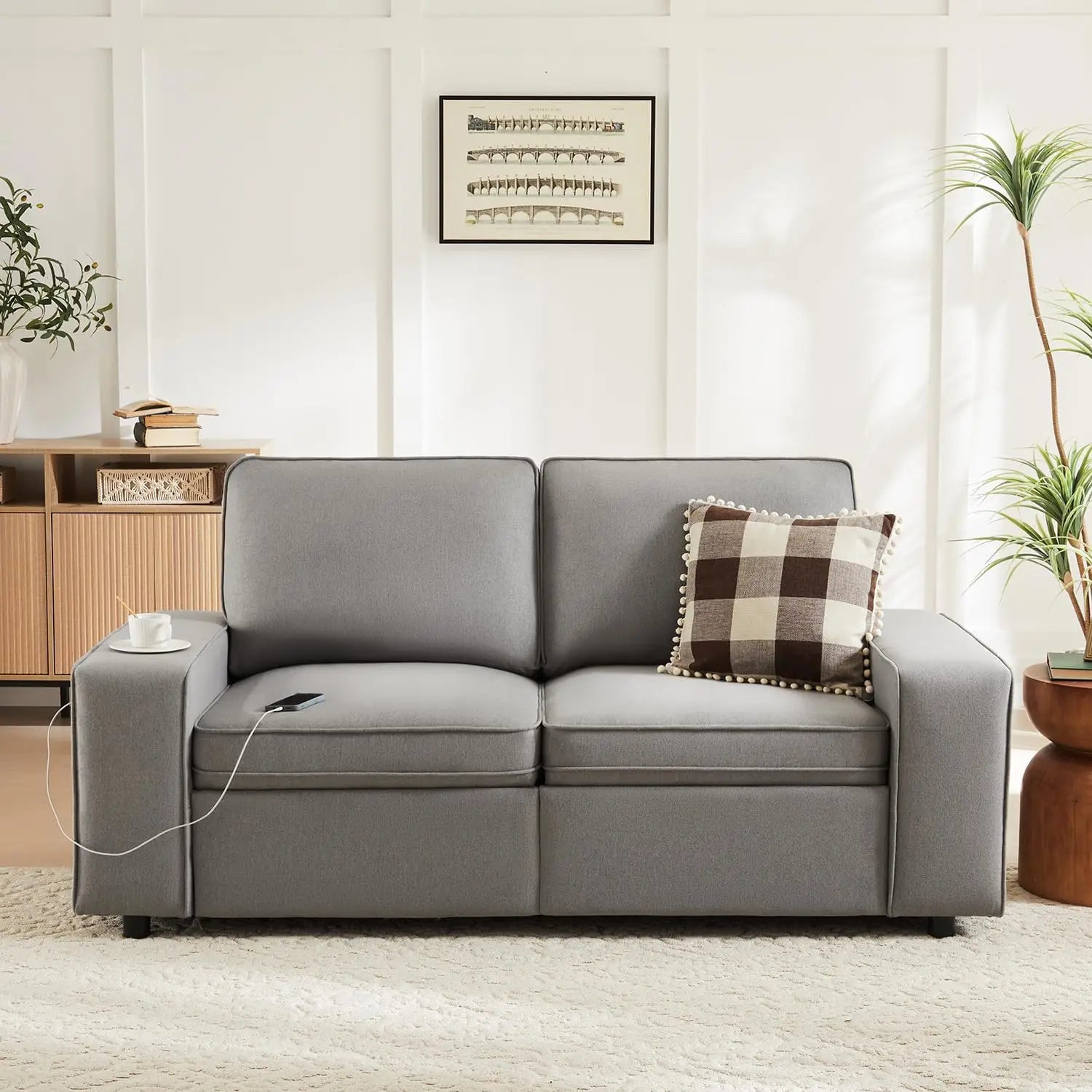 Modern 2-Seat Sofa with Storage, Side Pockets, and USB Charging Ports for Living Room and Office