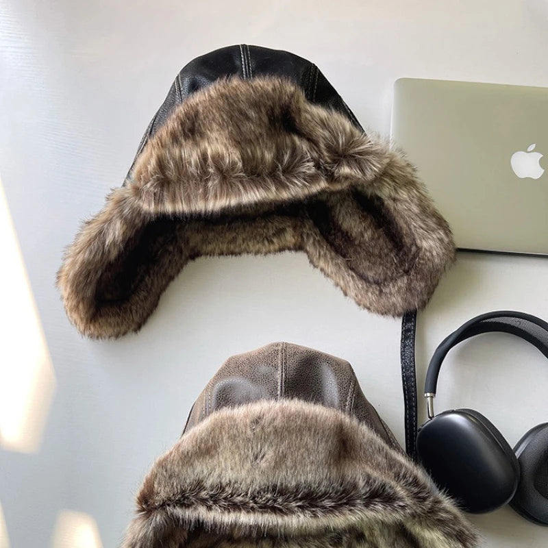 Unisex Aviator Hat Faux Leather Pilot Cap Winter Trapper Hunting Hat/ Windproof Russian Ushanka Thermal Thick Padded Winter Hat