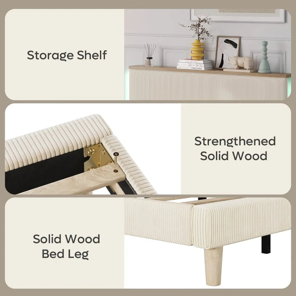 Full Bed Frame with Adjustable Headboard & LED Lighting, Corduroy Upholstered Platform Bed Frame with Storage Shelf,