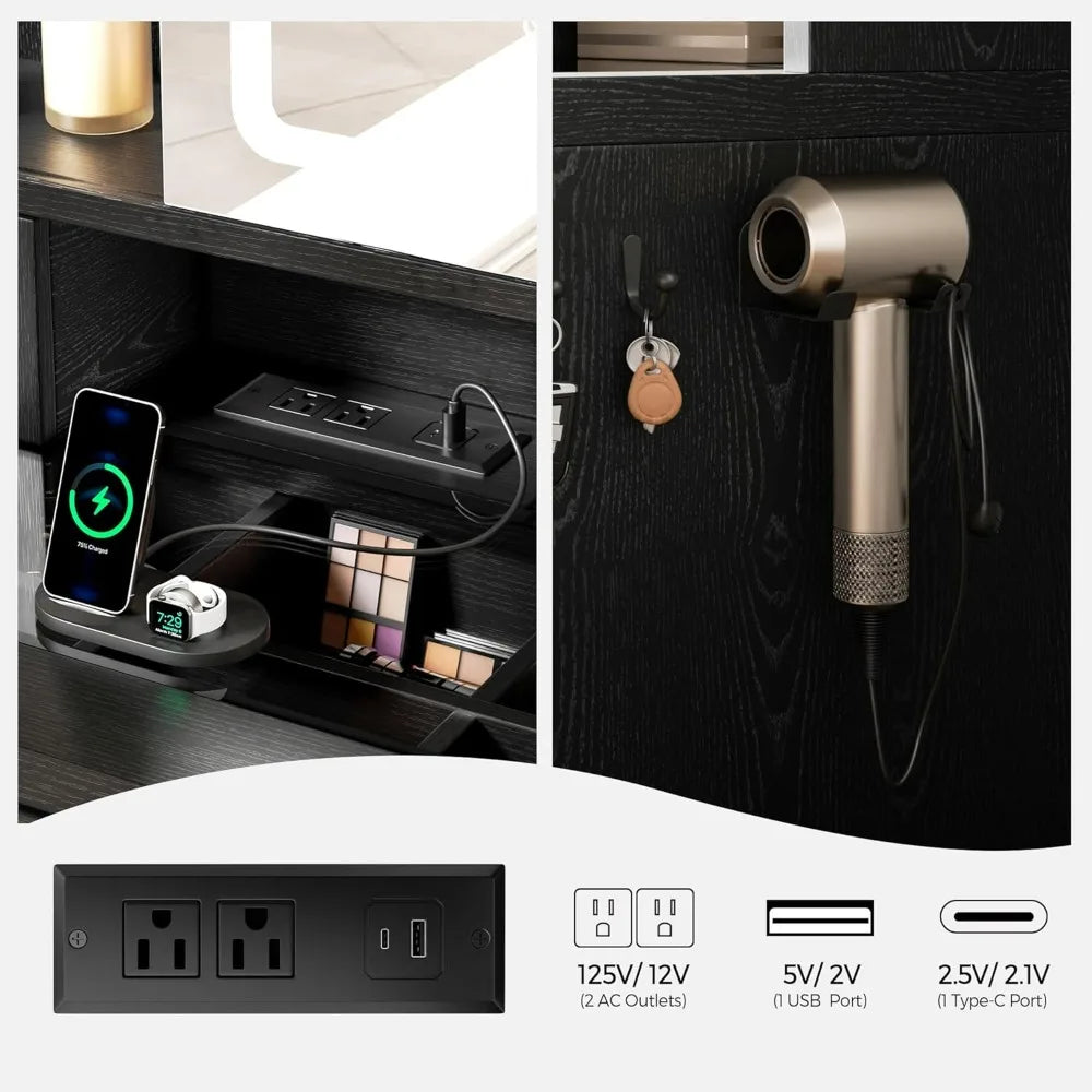 Customizable Rustic-Style Makeup Vanity Desk With Sliding Mirror, Lighting, And Glass Top Charging Station