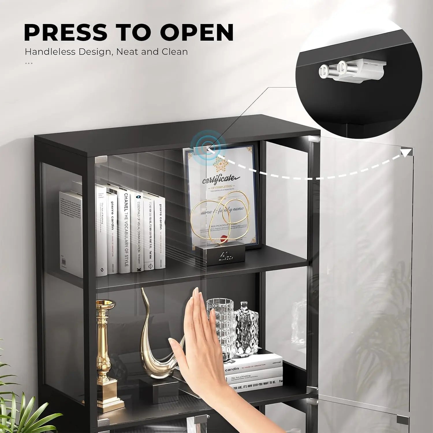 Display Cabinet with Glass Doors, 4-Tier Curio Cabinet with 3 Color Lights for Collectibles, Glass Case, Storage Cabinet, Black