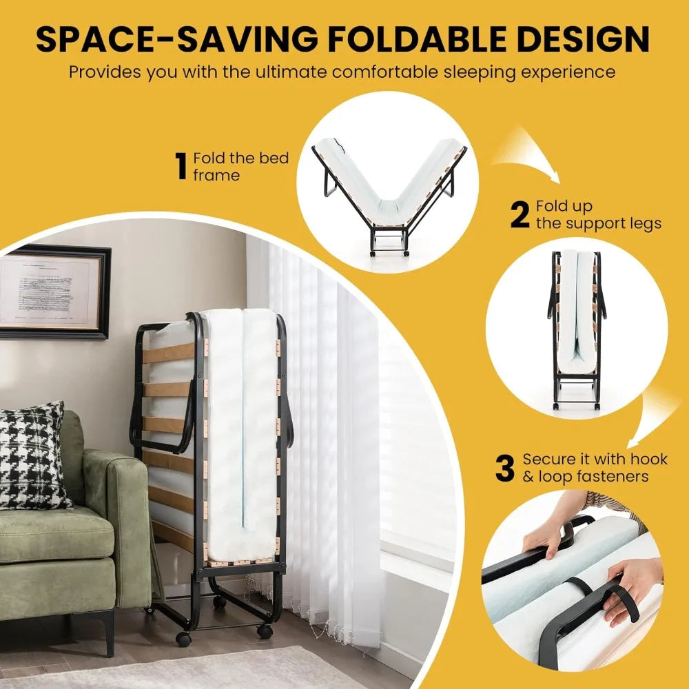 Folding Bed with Mattress for Adults, Cot Size Rollaway Bed for Guest, Portable Foldable Bed w/Memory Foam Mattress & Metal Fra