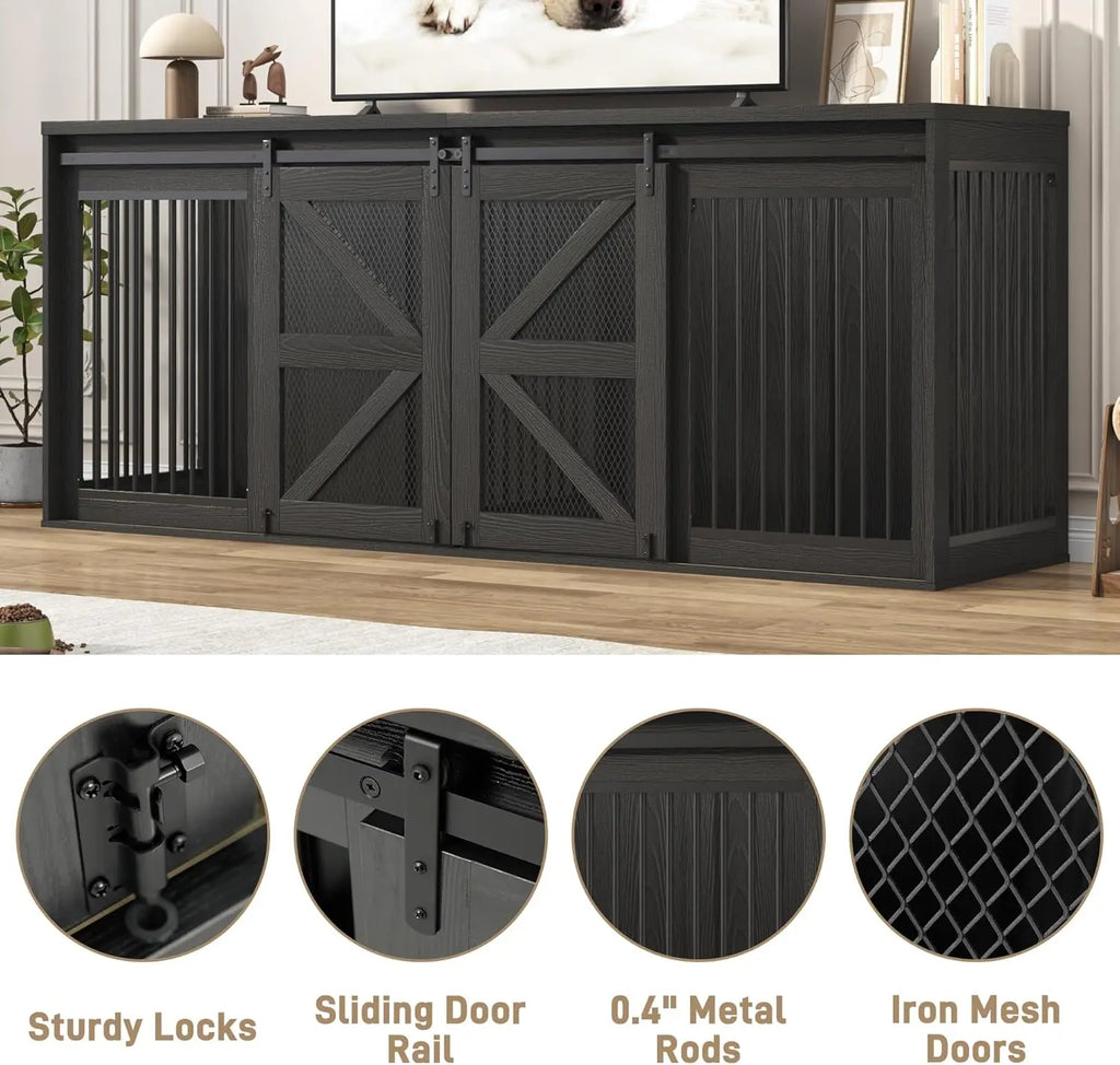 Farmhouse Dog Crate TV Stand, Wooden Dog Kennel Furniture with Sliding Metal Mesh Barn Door, 87'' Large Dog Crate Furniture