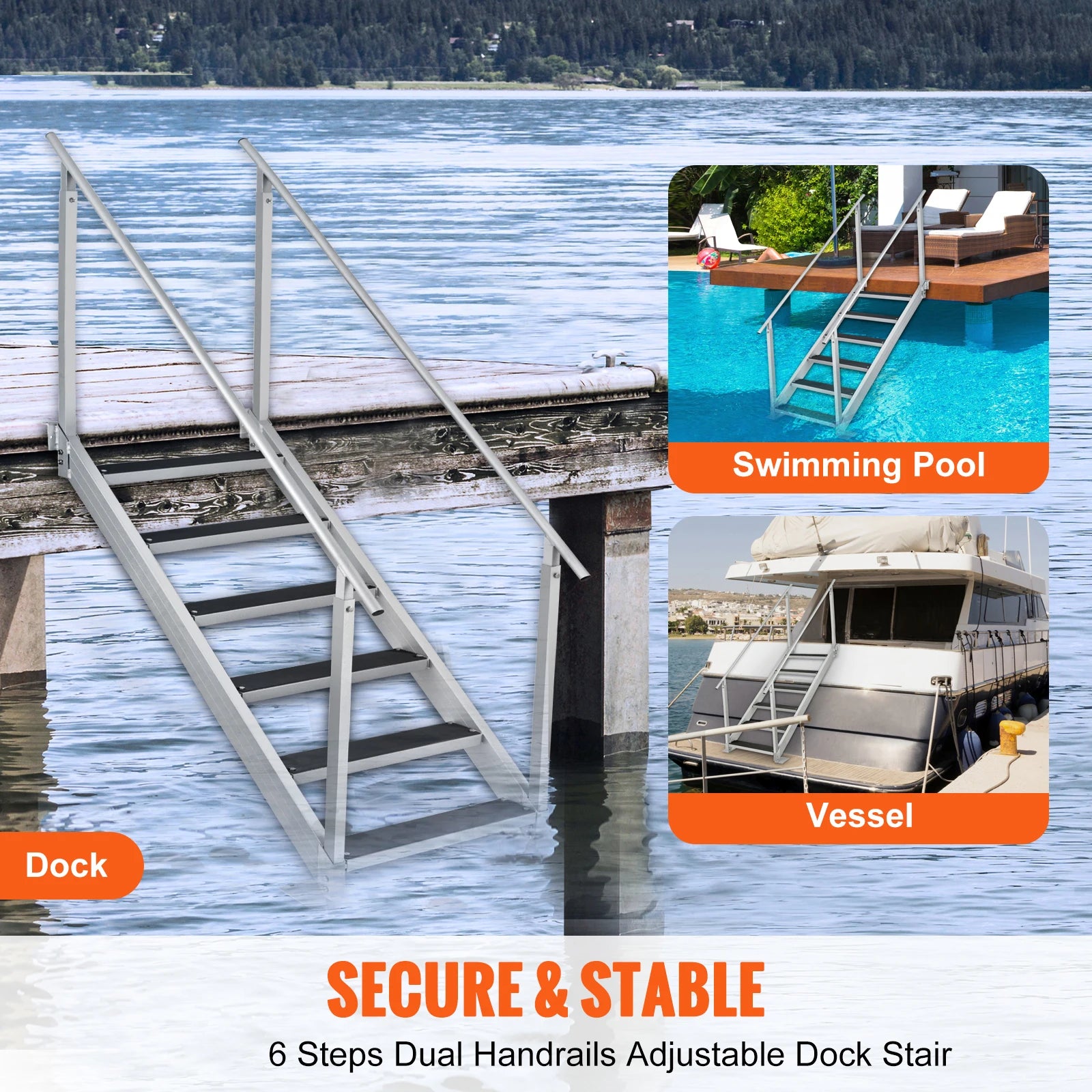 4/6 Step Dual Handrails Dock Ladder Aluminum with Rubber Mat 30"-39"/ Adjustable Height for Lake, Marine Boarding ,Pool