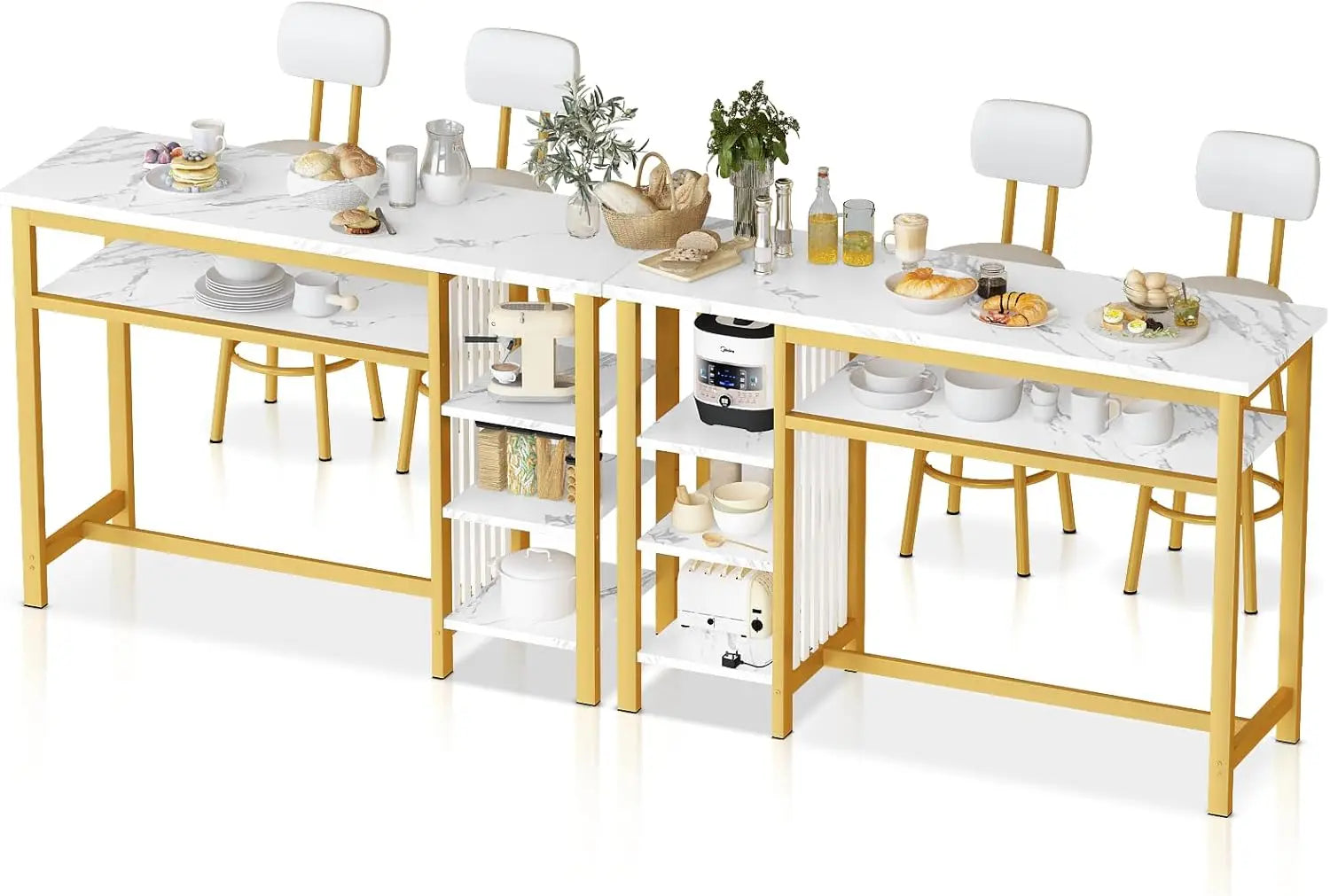 3-Piece Bar Table and Chairs Set, Modern White Faux Marble Table with 2 Cushion Bar Stools, Kitchen Counter
