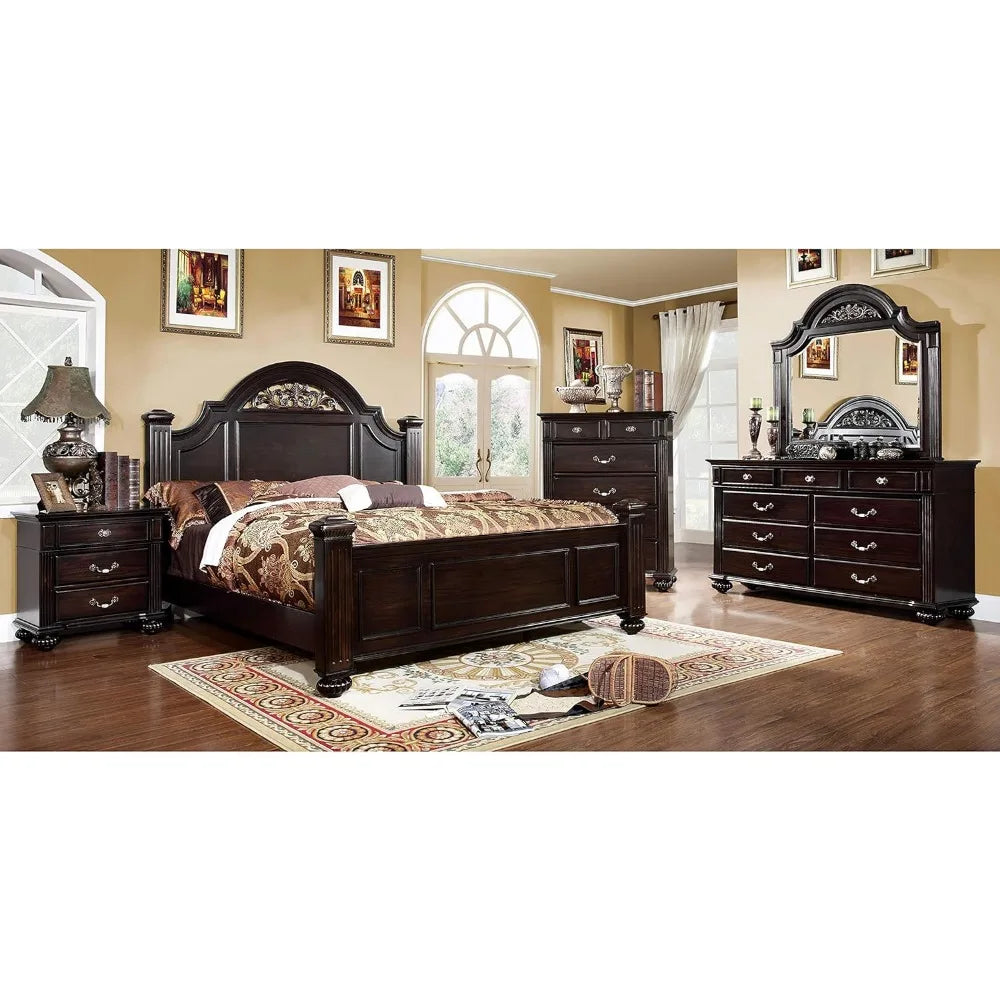 6-Piece Traditional Solid Wood Bedroom Set with Chest, Mirrored-Dresser and 2 Nightstands