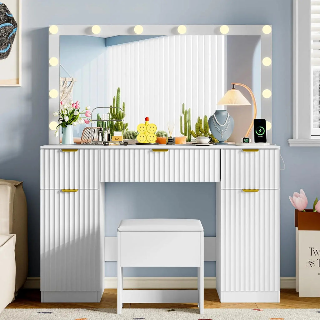Vanity Desk with Large 42" Mirror and Lights, White Fluted Makeup Table Set with Storage Drawers, Power Outlet & Stool