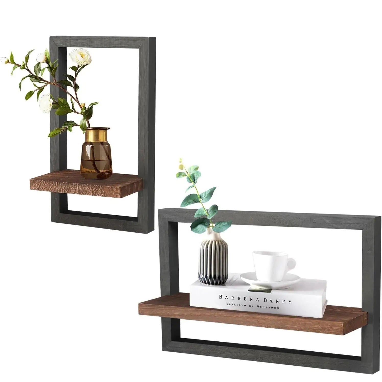 2Pcs Solid Wood Floating Shelves Set/ Wall Mounted Square Frame/ Hanging Shelf/ Modern Home Decor/ Organizer Rack for Living Room/ Bedroom Bathroom Plant Display /Aesthetic Room Accessories Wall Art Storage