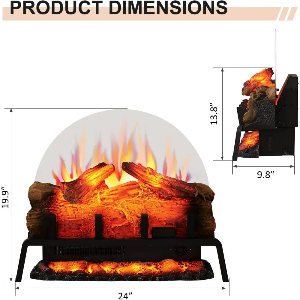 24-Inch Freestanding Electric Fireplace with Log Set, Adjustable 750W to 1500W Heat, 6 Flame Colors and 5 Brightness
