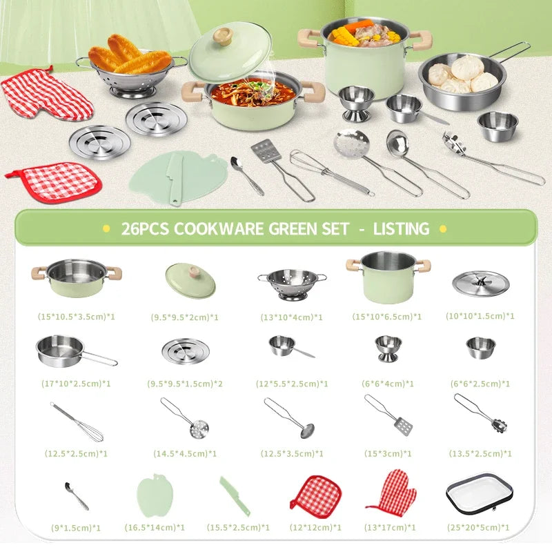 Children's Kitchen Cookware Set/ Play Kitchen Cooking Accessories/ Pots, Wood, Stainless Steel with Food for Kid Gift