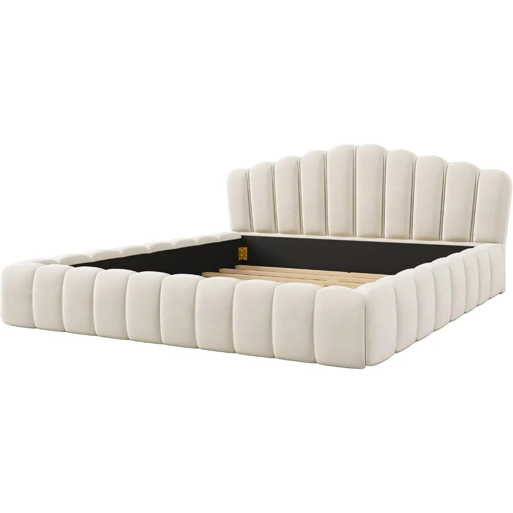 Queen Size Velvet Platform Bed Frame with Shell Headboard and All-Around Cushioning