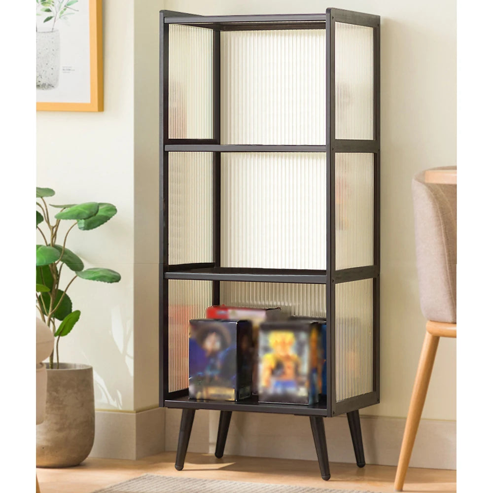 4-Tier Black Metal Display Cabinet with Fluted Acrylic Doors/ Stackable Dustproof Figurine/ Collectibles Showcase Open/Closed Combo Bookshelf Freestanding Toy Figure Storage Shelf for Living Room Home Decor