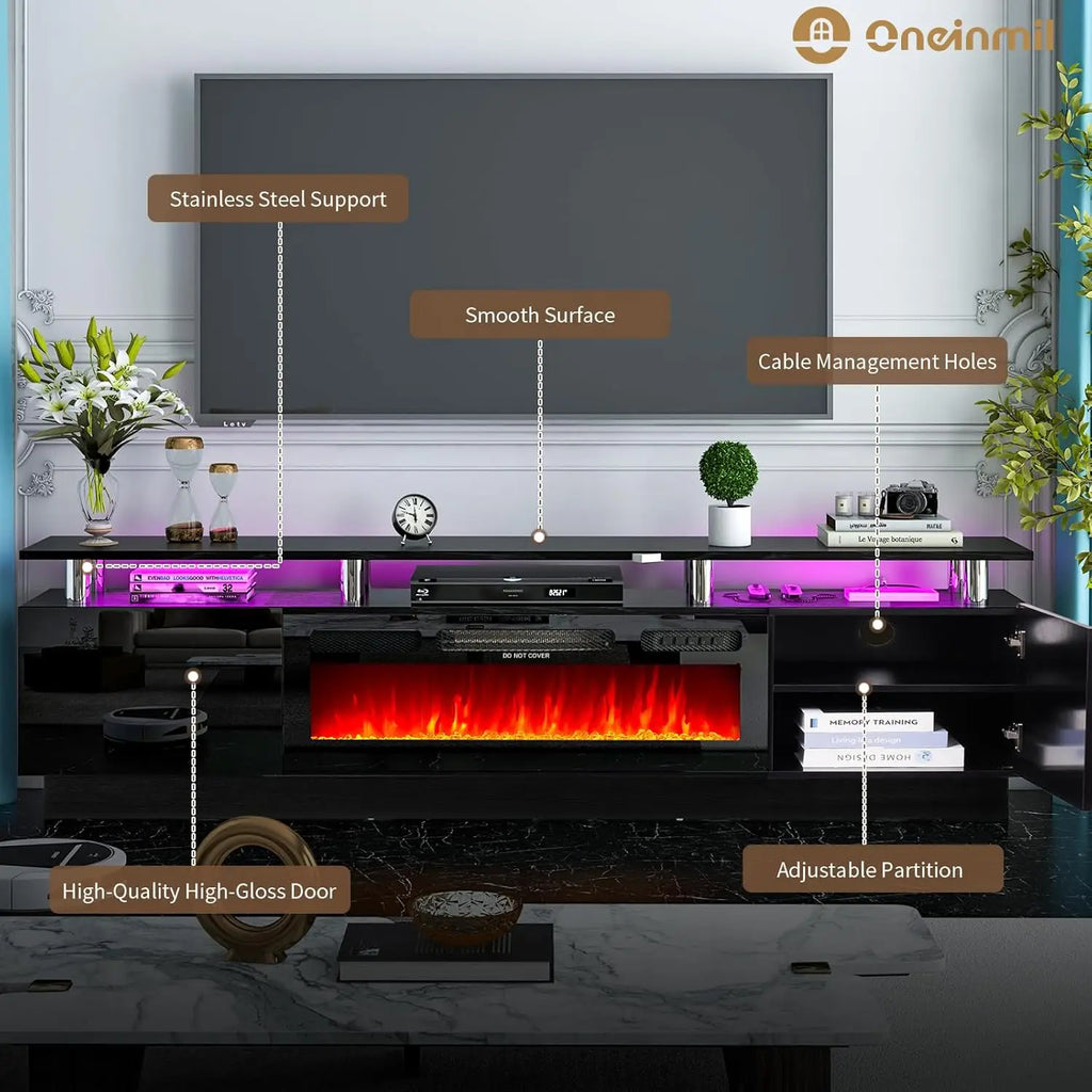 Fireplace TV Stand with 36” Electric Fireplace, 2 Tier TV Console Stand for TVs Up to 90"", LED Light Entertainment Center