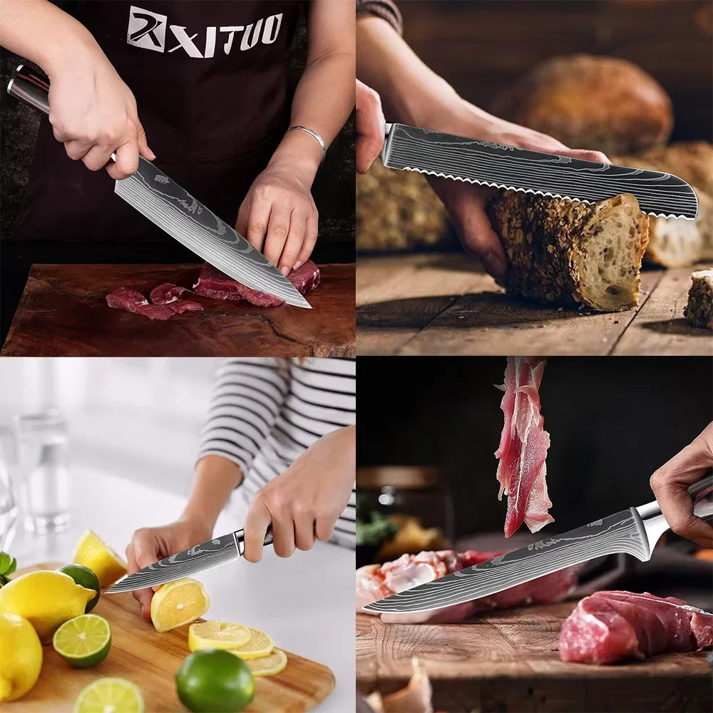 Kitchen Knife 6PCS Set Stainless Steel,Includes Chef's Knife, Bread, Boning Knife,Fruit Knife, with Stainless Steel Knife Holder