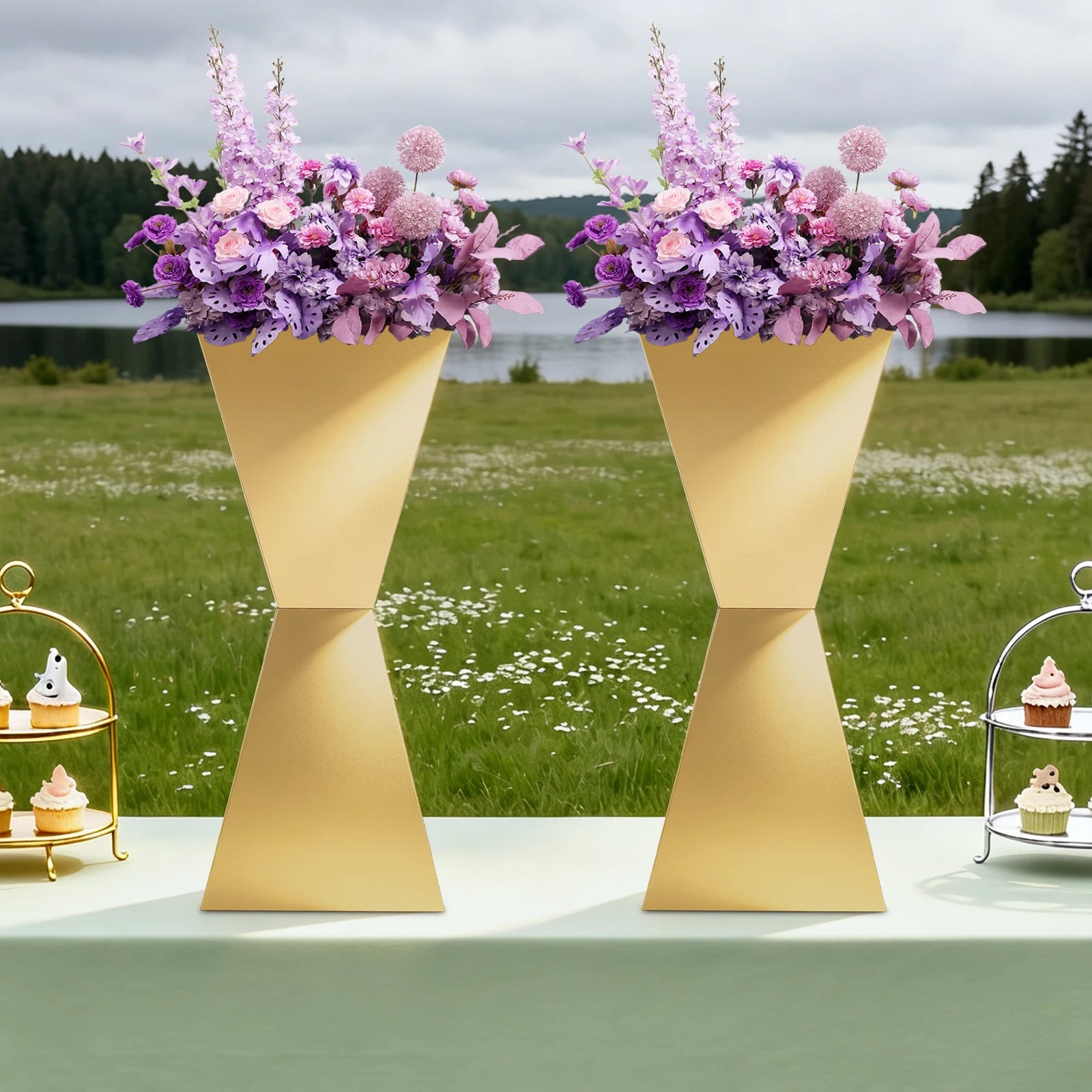 2PCS Stainless Steel Flower Stand, Gold/Silver Wedding Dessert Table Display /Stand, 25*25*60cm Freestanding Centerpiece Holder For Wedding, Birthday, Party Decor