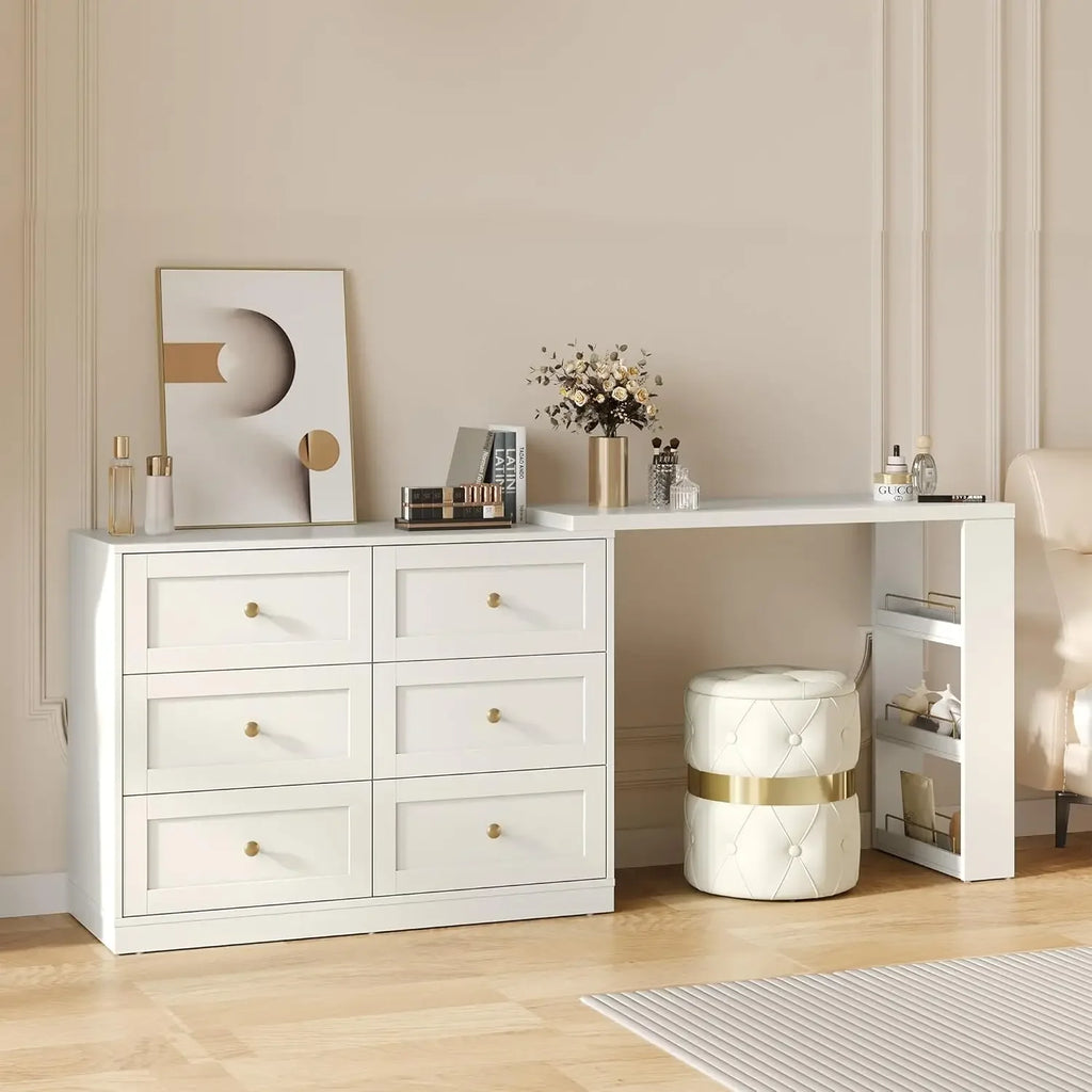 Vanity Desk and Dresser Combo, 76" L Extendable Big Makeup Vainty with 6 Drawer Dresser and 3 Side Shelves, White