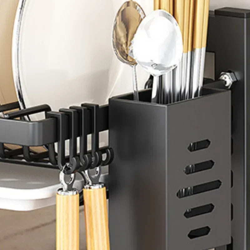 Kitchen Dish Rack Wall Mounted Multifunctional Storage Rack No-hole Cupboard with Chopsticks Knives Plates Draining Storage