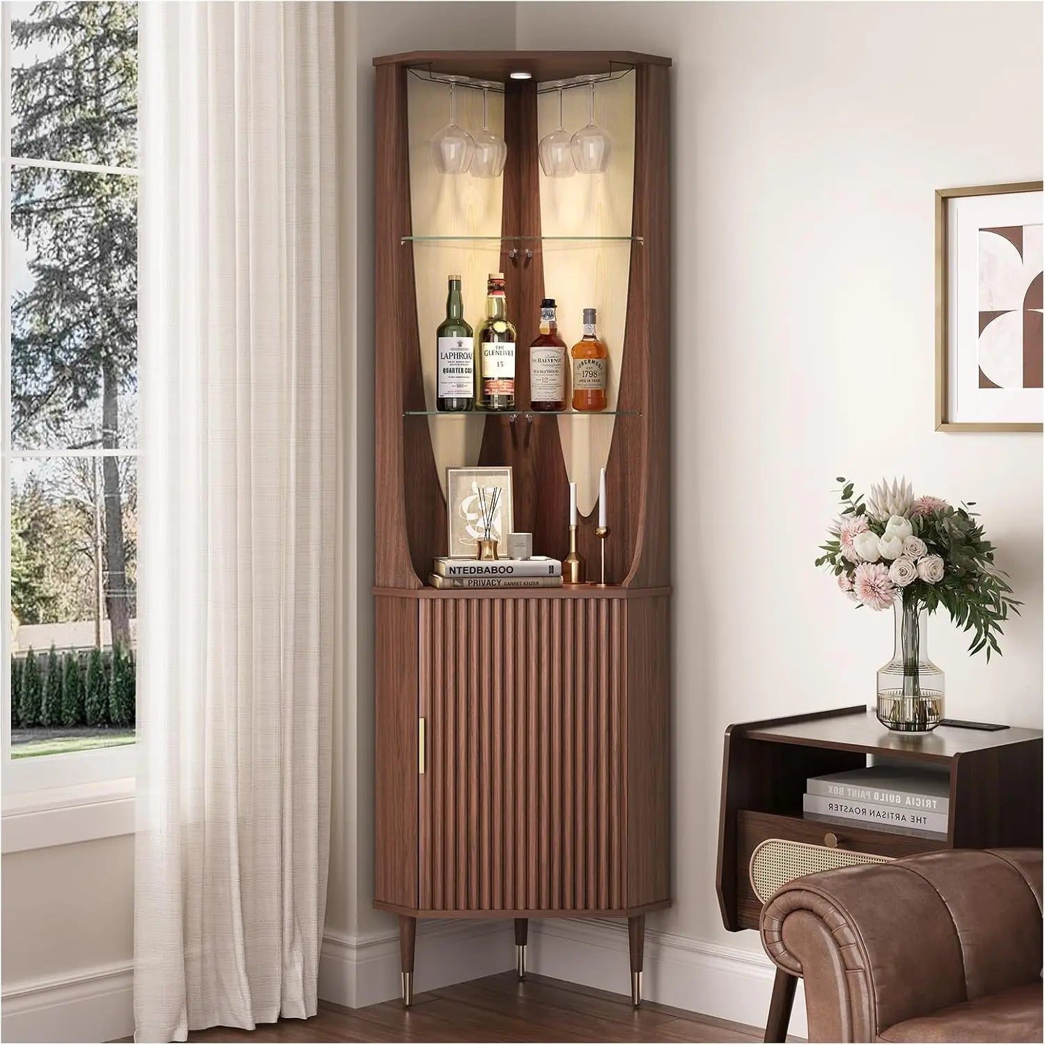 70" Tall Corner Cabinet, Mid Century Modern Cabinet with Doors, Fluted Corner Bar Cabinet with Glass Holder,Walnut
