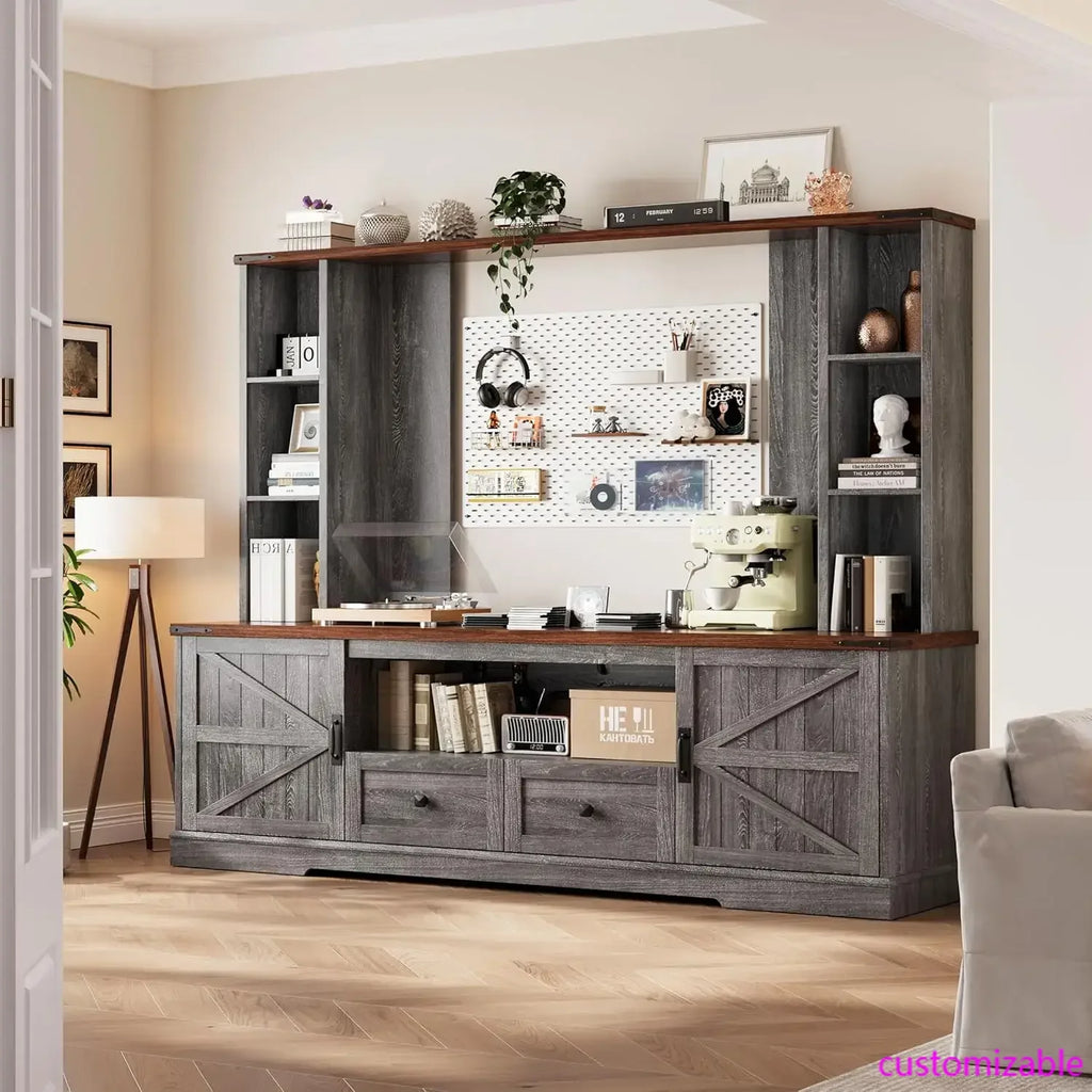 Wood TV Stand, Large Wall Unit Entertainment Center, Living Room with 2 LED Lights & Power Outlets, Storage Shelves ,Dark Grey