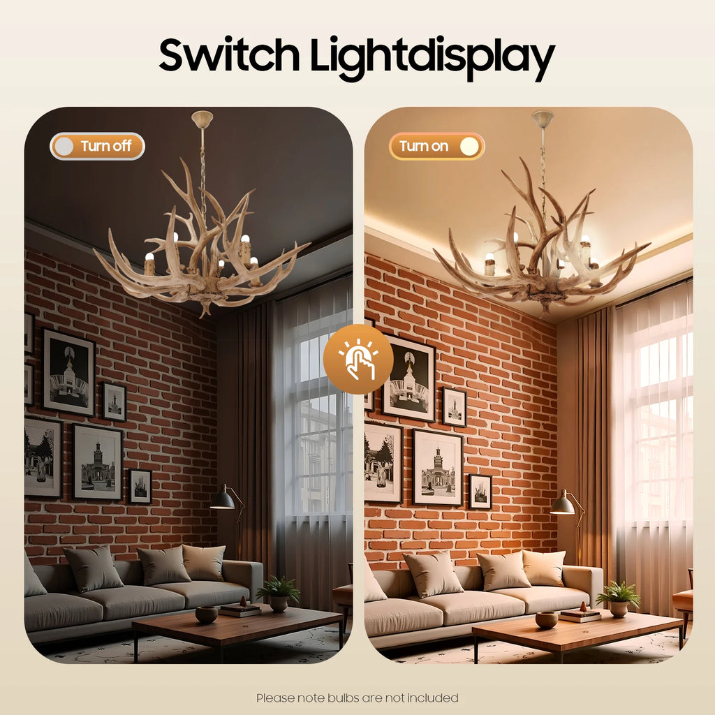 110V Resin Deer Antler Ceiling Light Retro Style/ Deer Chandelier 6 Lights for Dining /Room/ Kitchen /Hallway/ Bars /Hotels