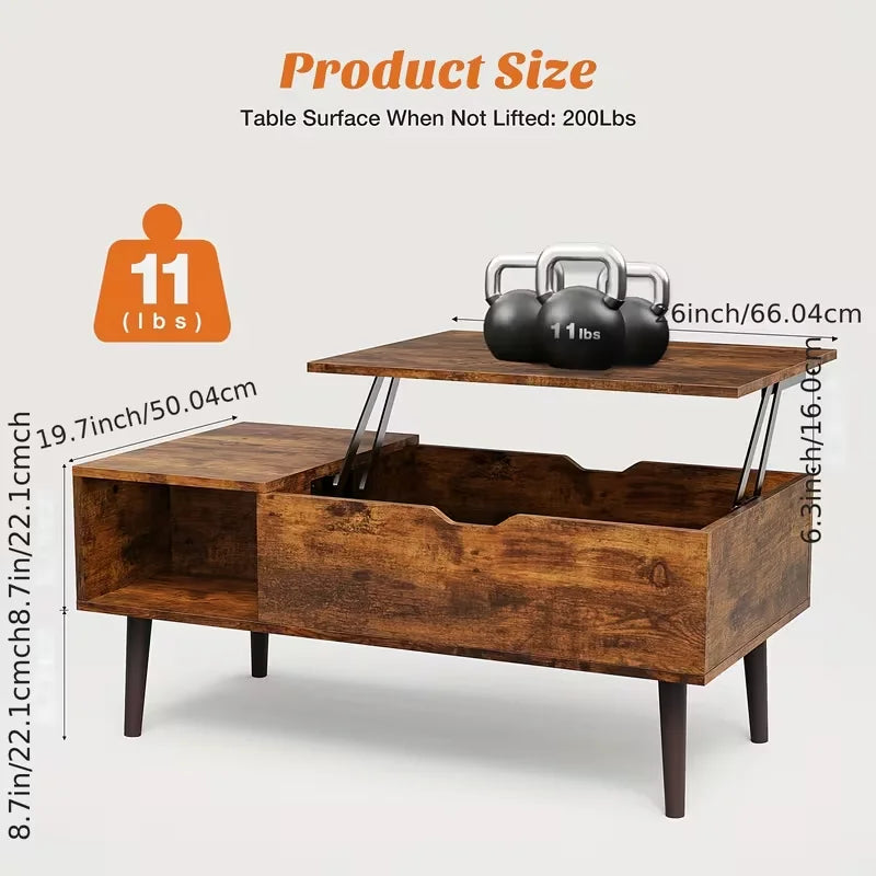 Coffee Table For Living Room, Coffee Table, Small Rising Wooden Dining Center Table With Storage Shelf & Hidden Compartment