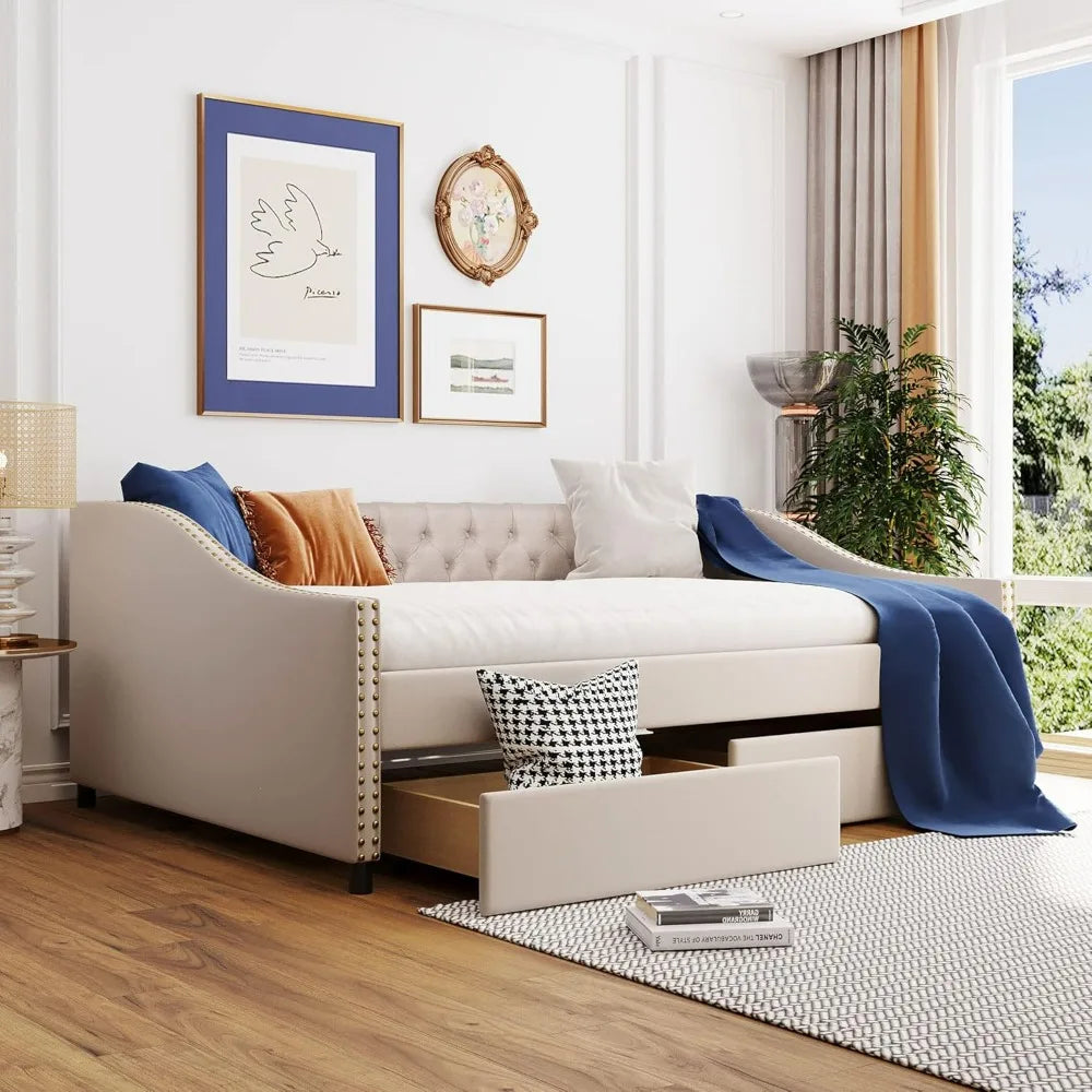 Full Size Linen Daybed with Diamond Tufted Backrest, Armrests, and Two Drawers for Guest and Bedroom Use