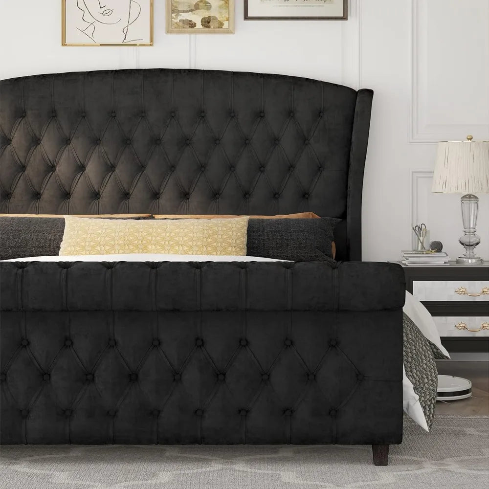 King Size Platform Bed Frame, Velvet Tufted Upholstered Sleigh Bed with Scroll Wingback Headboard & Footboard