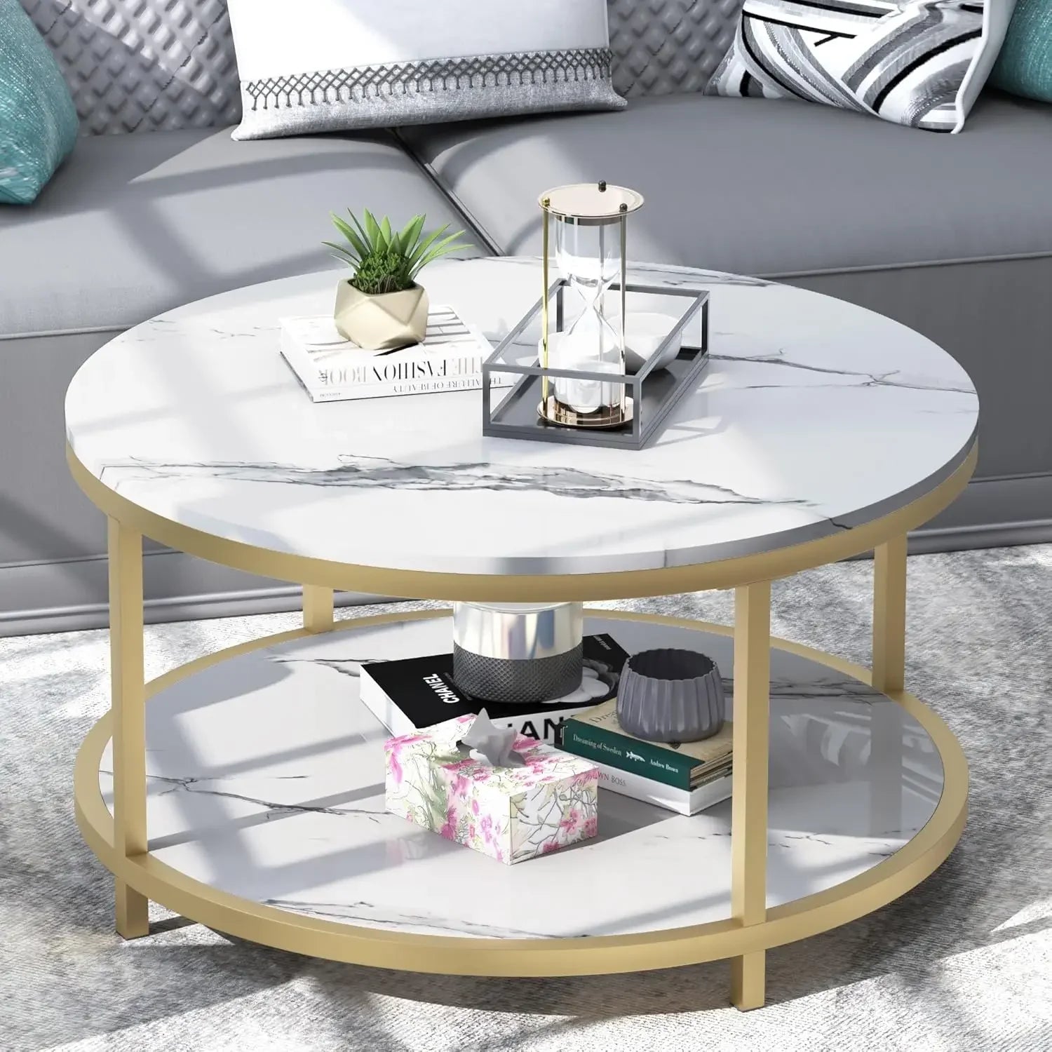 33.5" Round Coffee Table/  Coffee Table Room/ High Glossy Faux Marble Top /Circle Table Sturdy Gold Frame Legs/ Cocktail Table