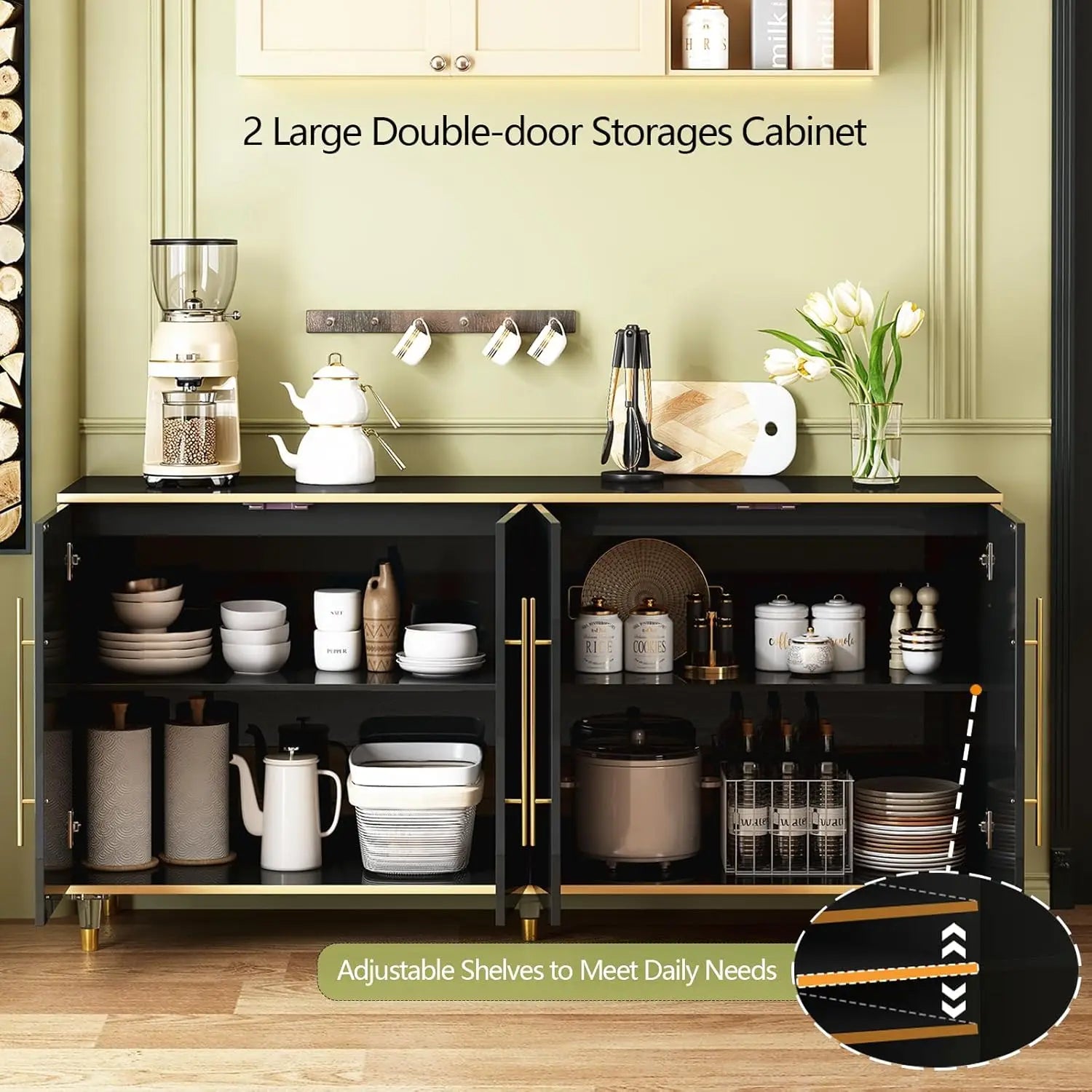 63" Sideboard Buffet Cabinet with Storage, Console Cabinets with Adjustable Shelves & Doors, High Glossy Black