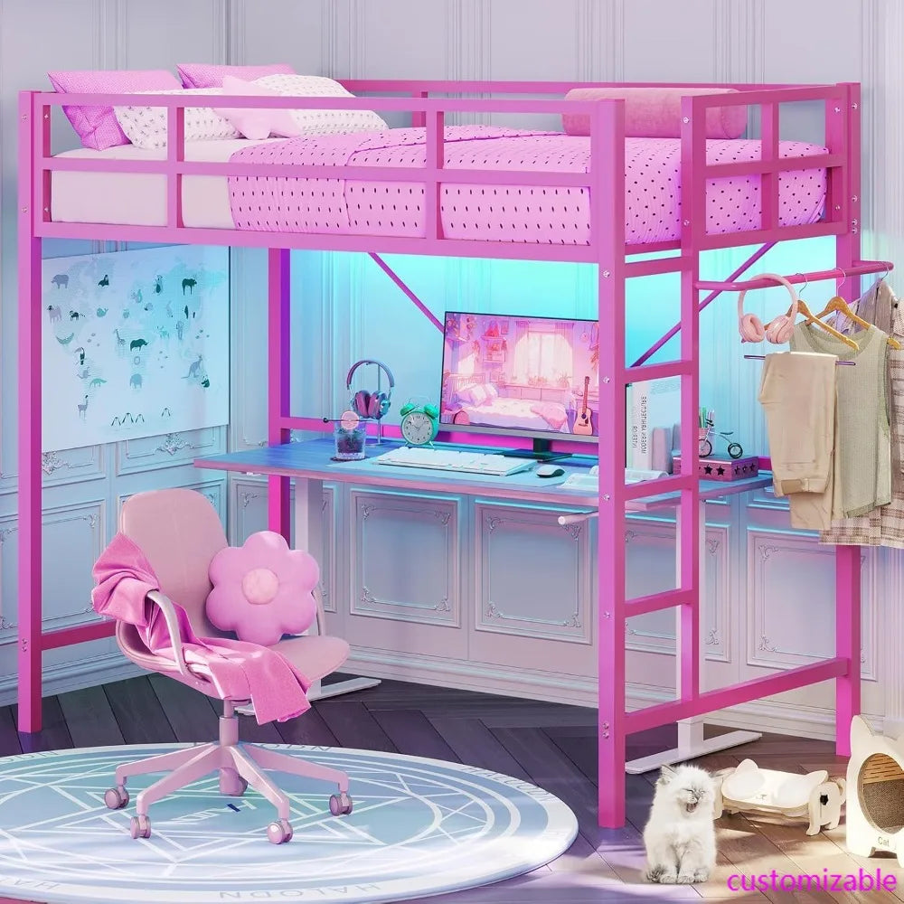Twin Size Pink Loft Bed with LED Lights, Full-Length Guardrail, and Clothes Rack - Heavy Duty Metal Frame