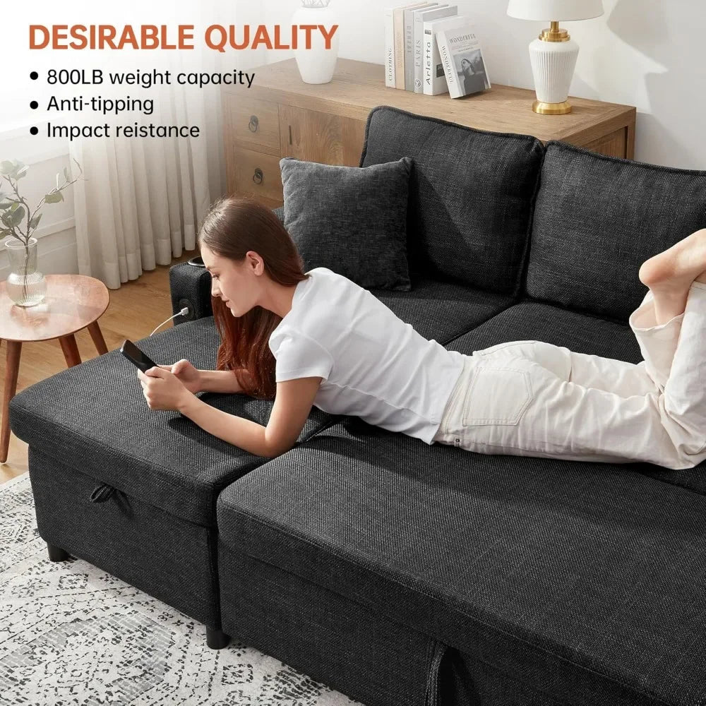 Dark Gray L-Shaped Sofa/ Bed with Storage Chaise, USB ports, and Cup Holders