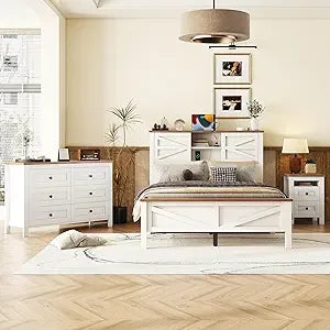 Full Size Bedroom Furniture Set, Full Size Platform Bed with Nightstand and Dresser, Wood Platform Bed with Double Sliding Door