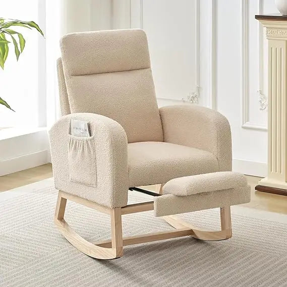 Modern Upholstered Glider Rocking Chair with Side Pocket, High Backrest and Padded Seat for Nursery and Living Room
