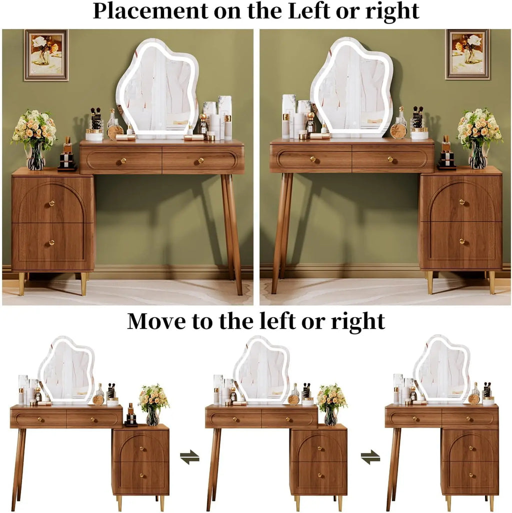 31.5" Brown Stylish Corner Makeup Vanity Table with Lighted Mirror and 4 Spacious Drawers，