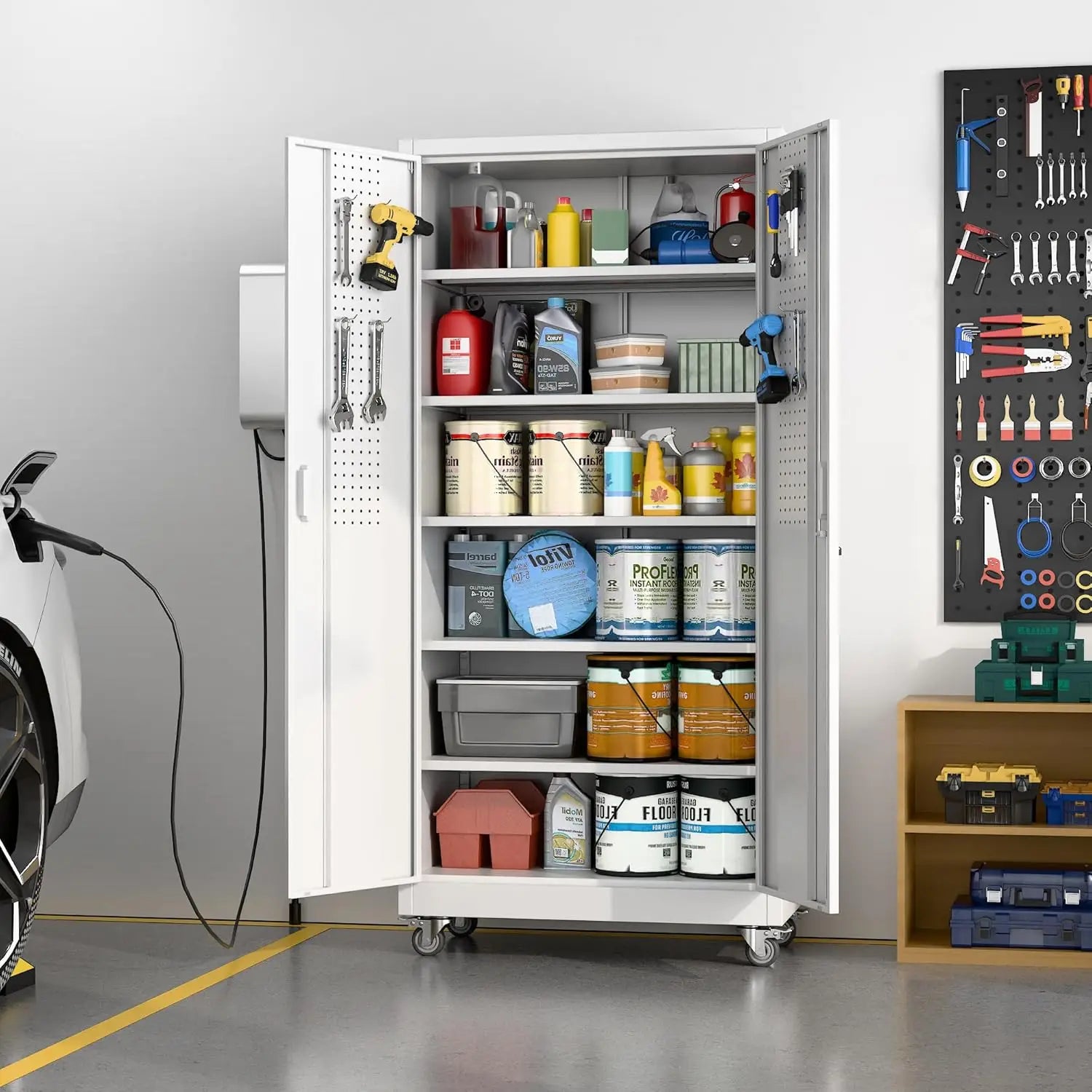 Upgrade 71"H'', 32''W,16''D Metal Garage Storage Cabinet with Wheels and Pegboards, 5 Adjustable Shelves Steel Storage Cabinets