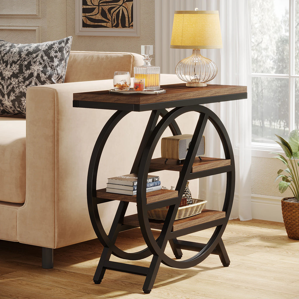 Tribesigns End Table for Living Room, 3-Tier Narrow Side Table with Storage, Wood Sofa Side Table with Geometric Metal Frame