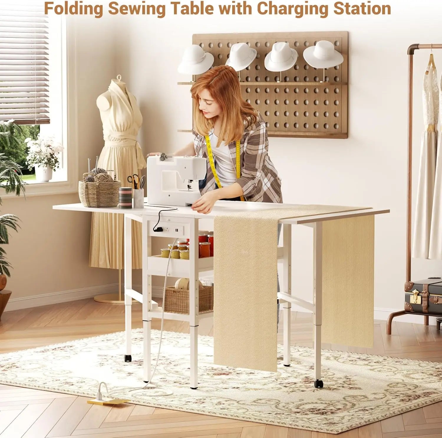 Sewing Cutting Table with Charging Station, Height Adjustable Craft Table with Storage, 50" Foldable Fabric Cutting Tables