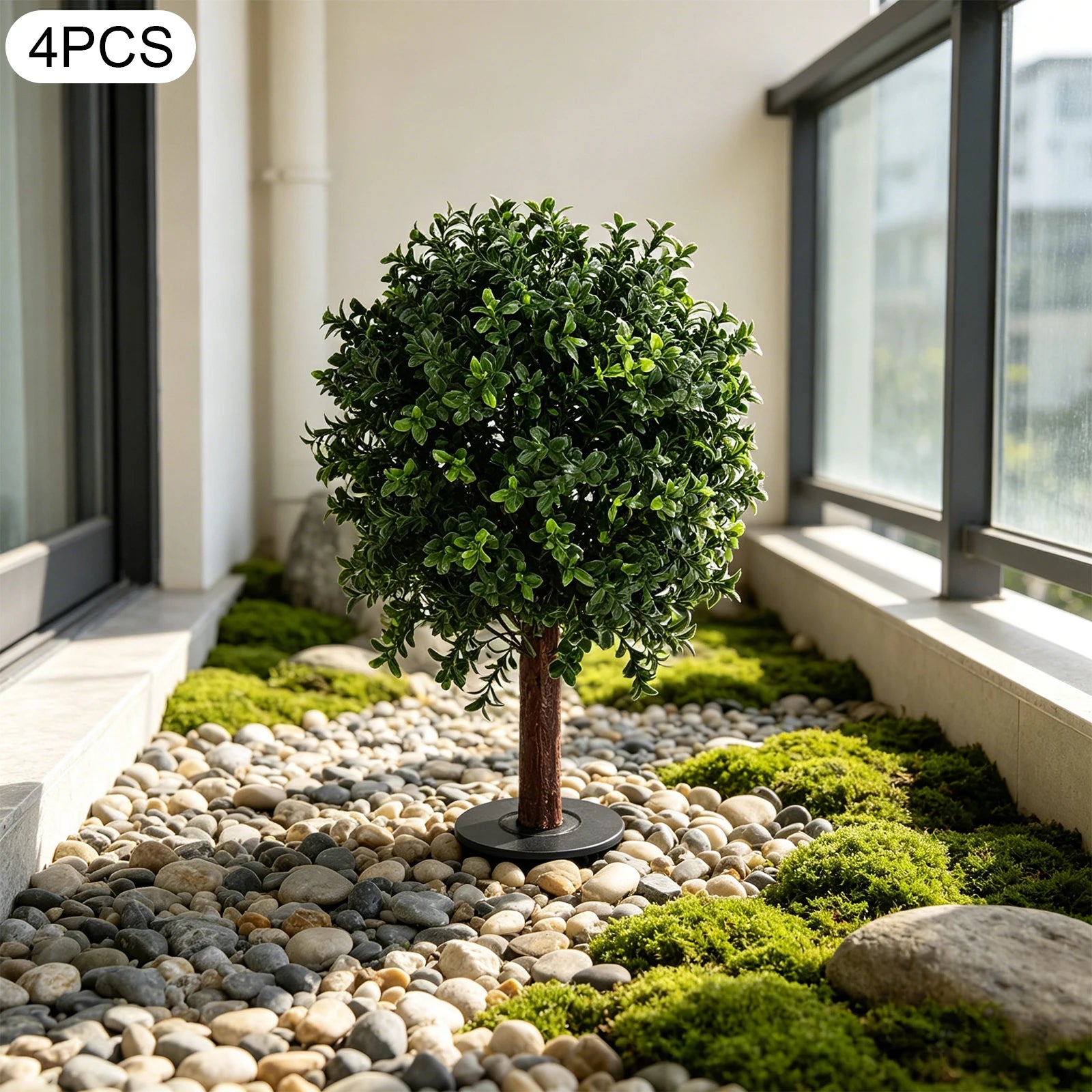 Set of 4 Artificial Boxwood Topiary Ball Trees, 25.6in Faux Potted Plants, UV Resistant, Outdoor Fake Shrubs with Ground Spikes, Realistic Green Foliage, No Fade, No Maintenance, Easy Install, for Garden, Patio, Porch, Home,