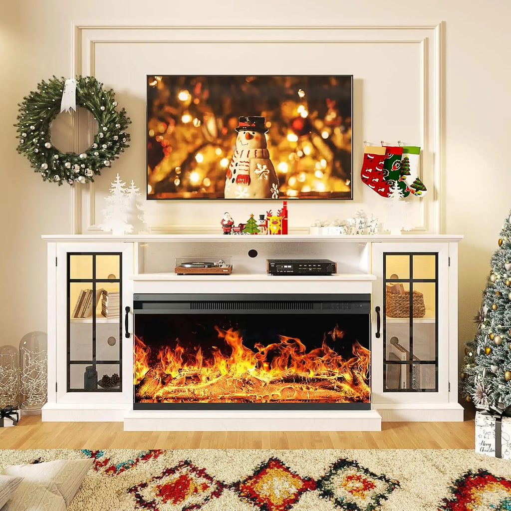 36 Inch 3-Sided Glass Fireplace TV Stand for TVs up to 80",Rustic Media Entertainment Center/Console Table with Glass Door/Storage