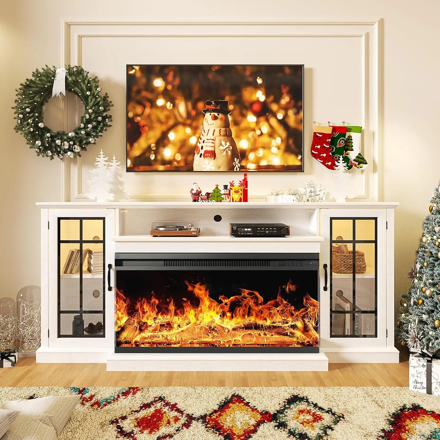 36 Inch 3-Sided Glass Fireplace TV Stand for TVs up to 80",Rustic Media Entertainment Center/Console Table with Glass Door/Storage