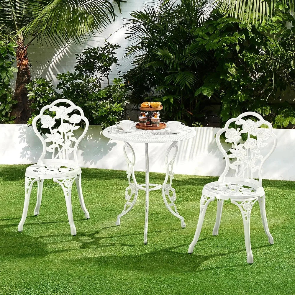 3-Piece Outdoor Bistro Set w/Rose Design, Rust-Resistant Cast Aluminum Table and Chairs w/Umbrella Hole for Balcony/Backyard