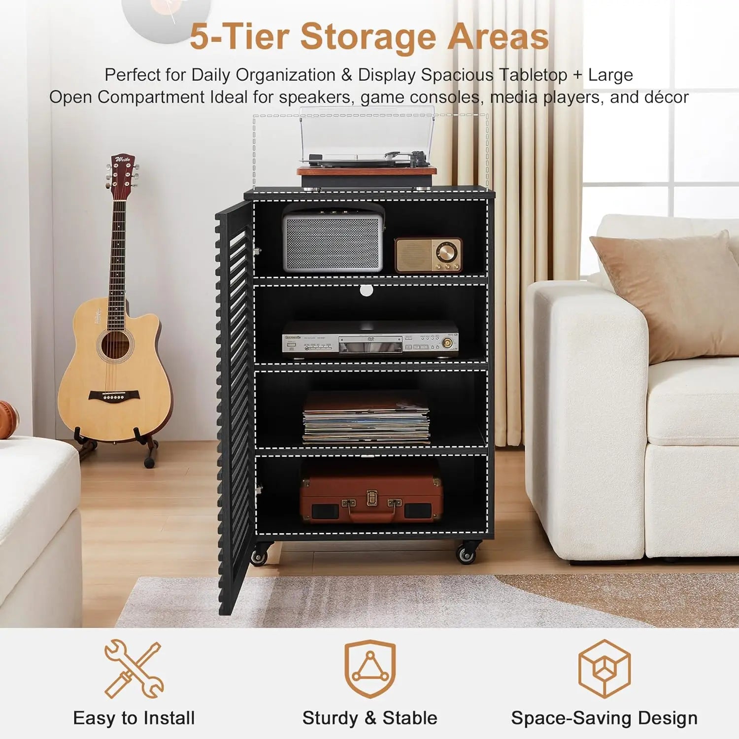 Tier AV Media Cabinet & Adjustable Shelves, Modern Wooden Stereo Rack , Audio Video Stand (Black)