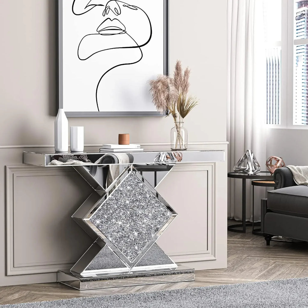 47.2'' Console Table Mirrored  with Diamond Shaped Long Accent Narrow Table/ Sofa Table Foyer Table
