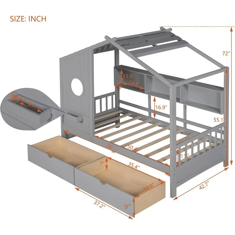 Twin-Sized Storage Drawer Bed Frame with Shelves, Wooden Kids' House Bed with Roof for Boys and Girls