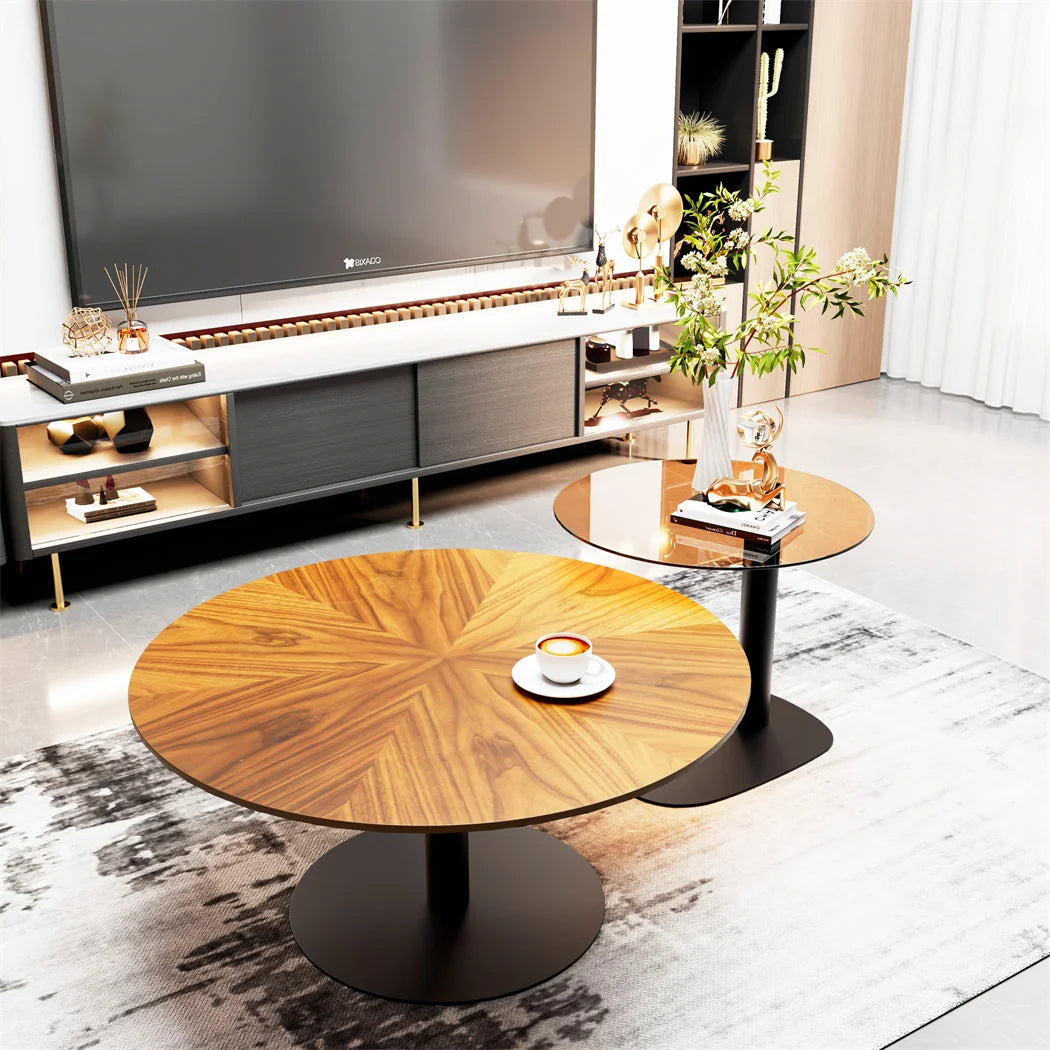 LUVODI Modern Round Marble Coffee Table Set of 2 Living Room Center Table Sofa Side Desk with Black Glass End Table w Metal Legs